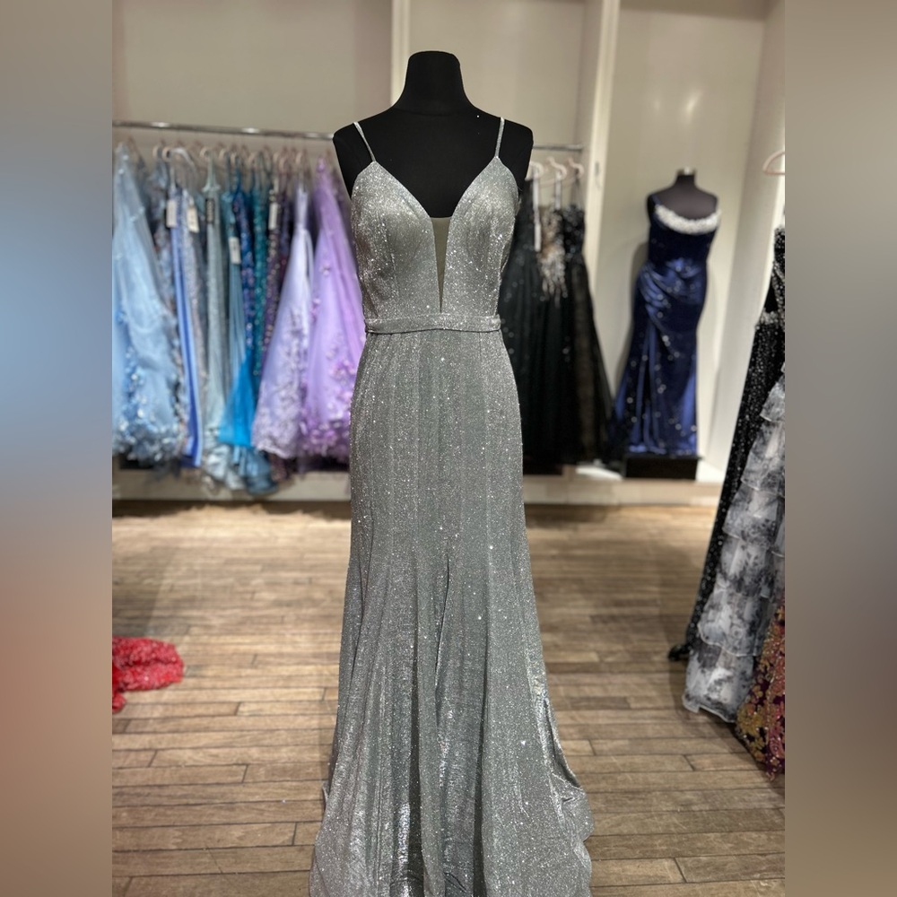 Silver Sparkle Spaghetti-Strap Evening Gown